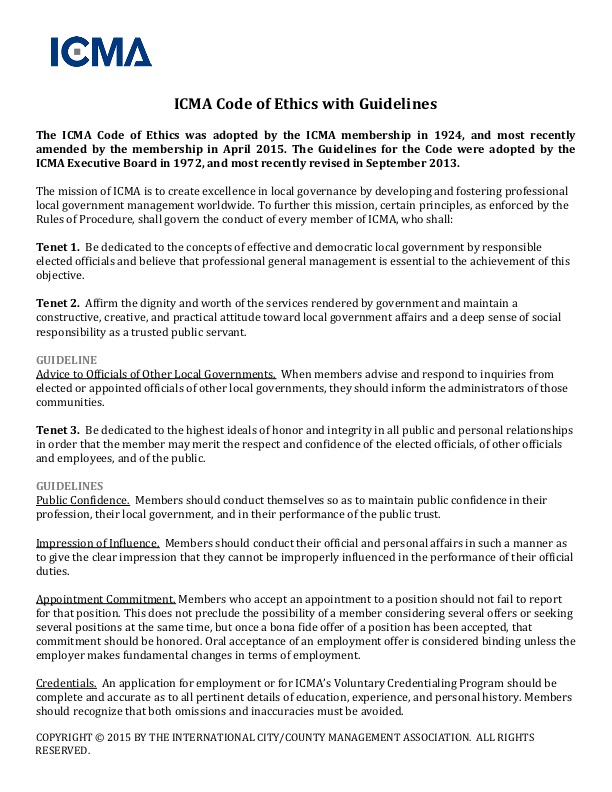 ICMA Code of Ethics (Amended April 2015) | icma.org